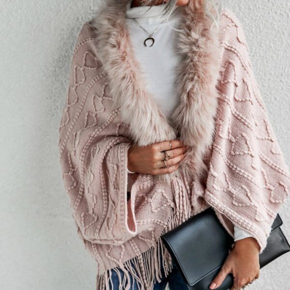Sweaters - Pink vegan fur fringe detail open front card
